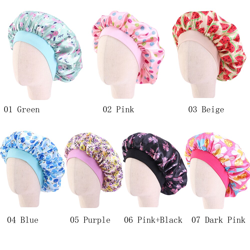 Cute Pattern Kids Satin Sleep Cap Bonnet Flower Printed Night Cap Turban Chemo Hat Girl's Wide Elastic Band Night Sleep Cap