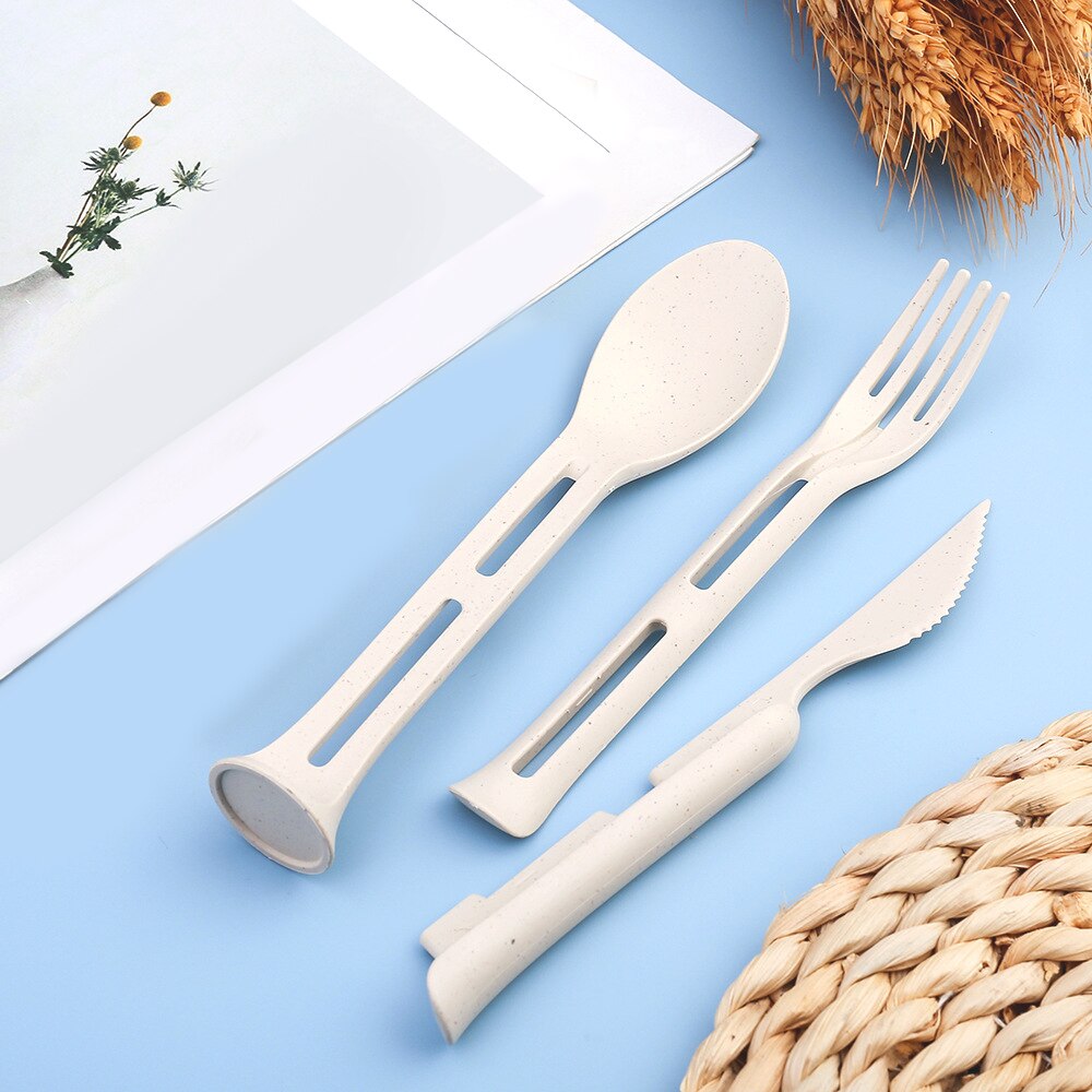 3pcs Three-in-one Portable Tableware Nordic Wheat Straw Knife Fork Spoon Set Western Tableware for Children Kitchen Accessories: Beige