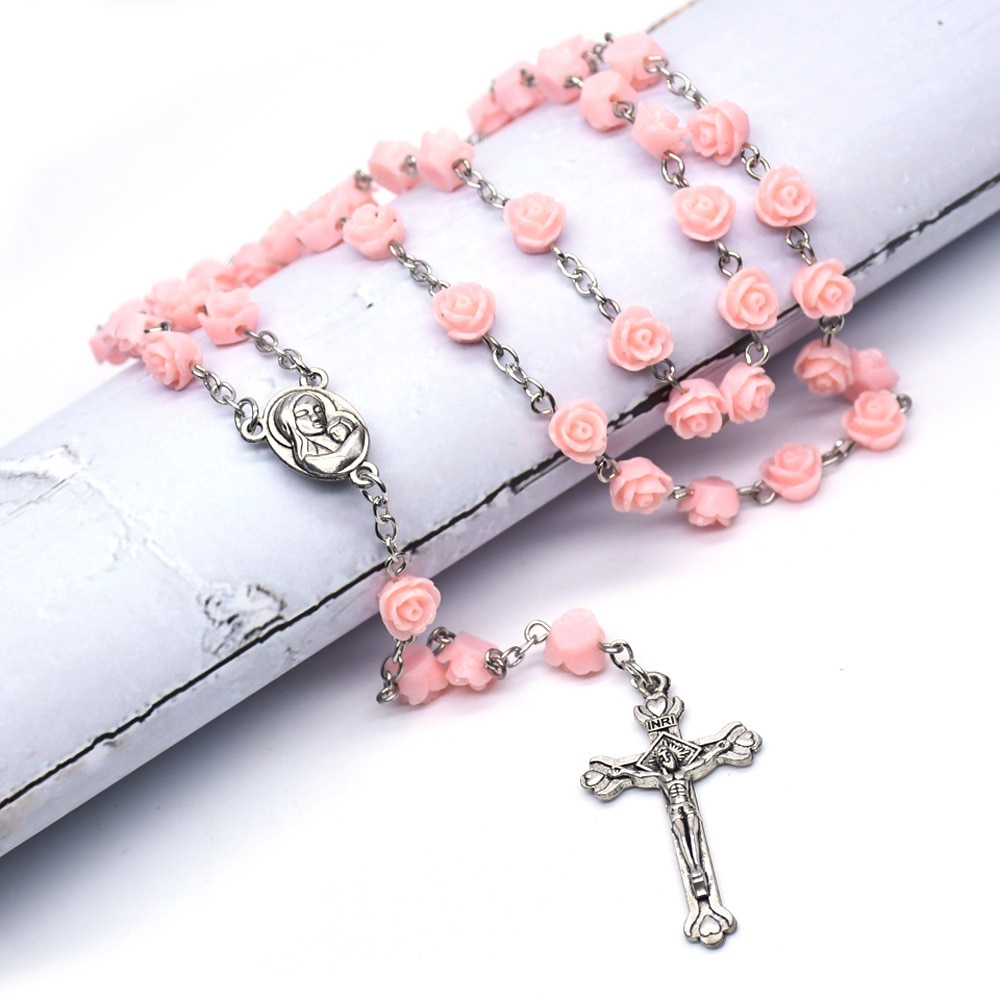 Della resina della rosa collana del rosario regalo fidanzato ah vergine maria croce di Cristo Cattolica Cristiana di cerimonia nuziale perline di preghiera