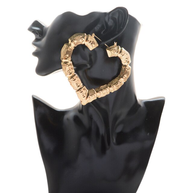 Brincos de bambu dourado para mulher kolczyki damskie piercing aros grande argola moda feminina jóias triângulo quadrado coração: Heart-shaped