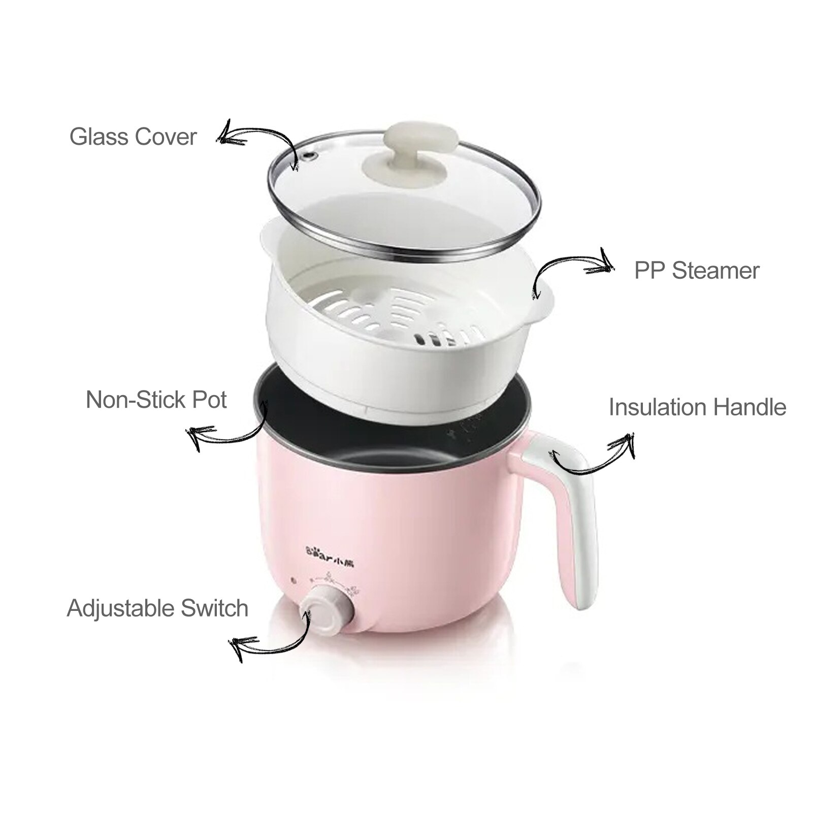 2.2L Electric Pot 220V Electric Cooker Skillet Non-Stick Rapid Noodles Cooker with Steamer Lid 2 Modes Temperature Control