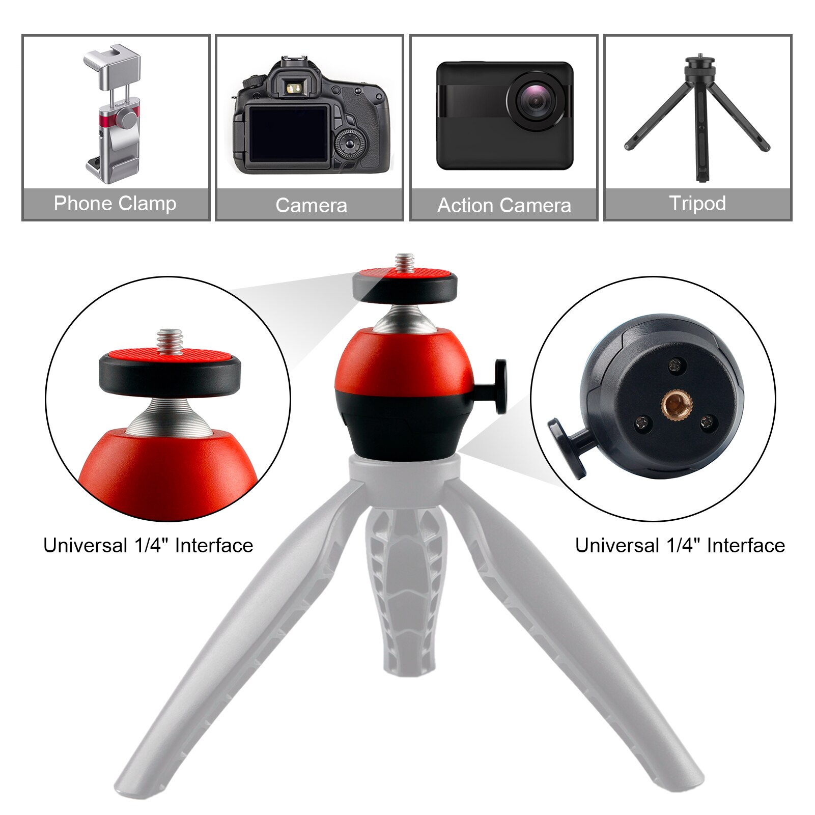 Mini tripé para câmera com cabeça de esferas, com tecnologia cnc de 360 ° giratório e interface universal de 1/4 polegadas para dslr slr, montagem de tripé