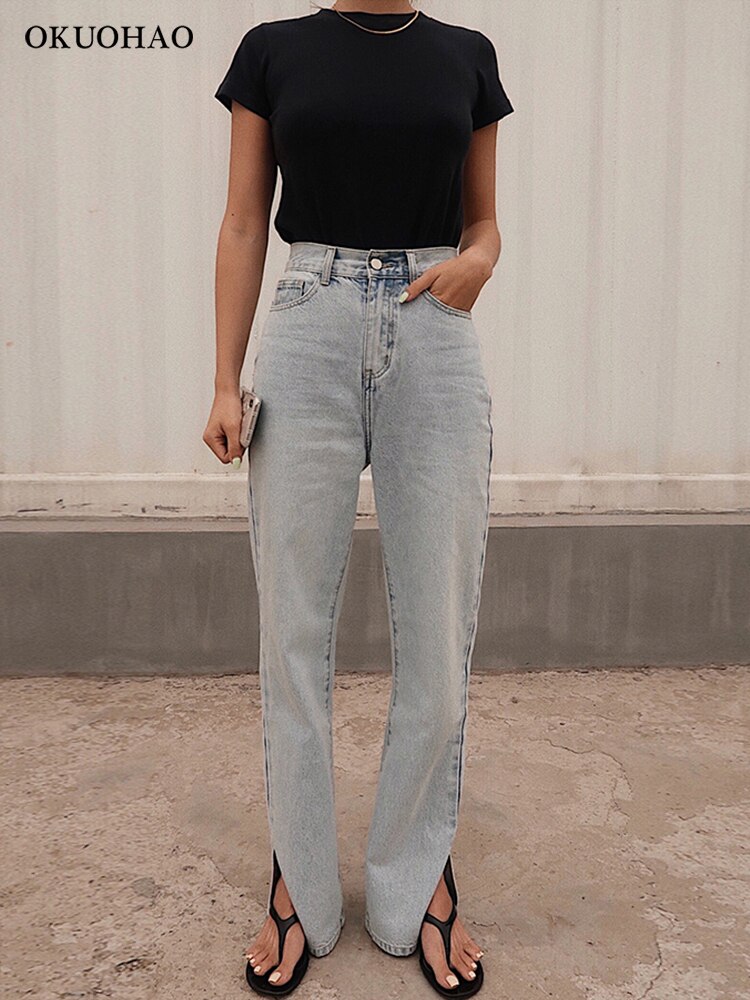 Okuohao hoge taille jeans rechte pijpen broek vrouwen wijde pijpen jeans losse mode boyfriend jeans items voor vrouwen