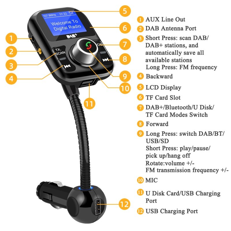 Digital Radio Adapter FM Transmitter Portable DAB Car Radio Bluetooth Hands-Free MP3 Receiver With LCD Display