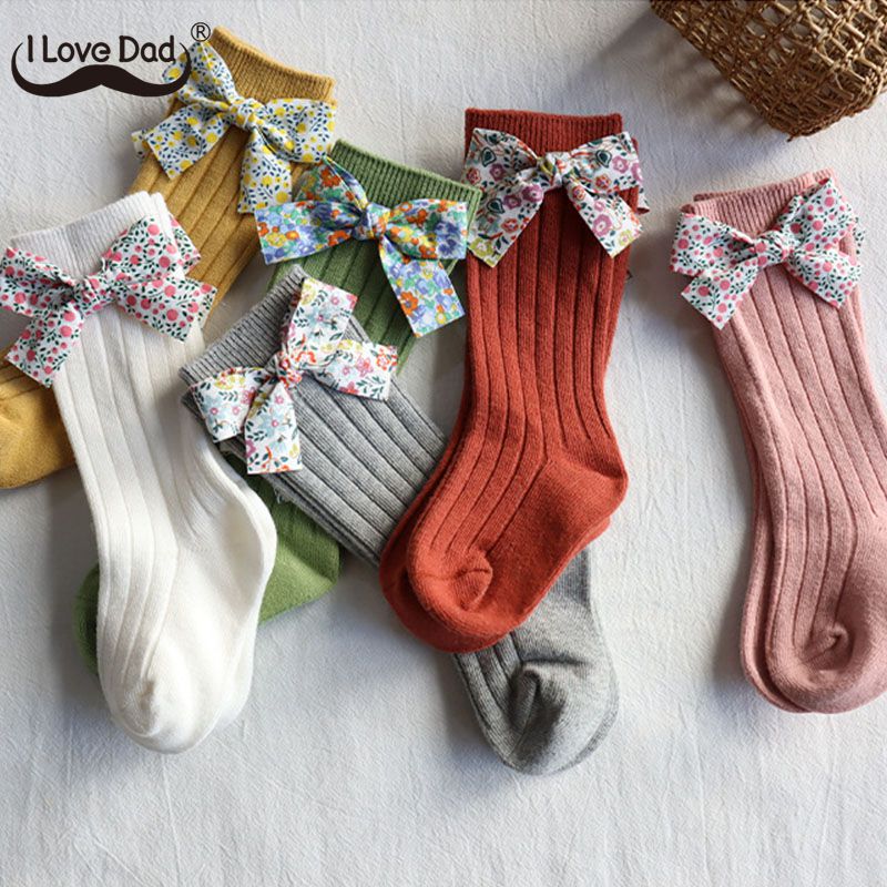Mignon nœud papillon bébé chaussettes fleur imprimé coton -né fille chaussettes rayé automne hiver infantile enfant en bas âge chaussettes de sol