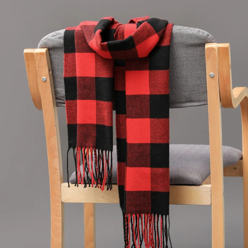 Bufanda a cuadros de Cachemira de imitación Unisex para mujer, chal suave y sólido para invierno, nueva envoltura, Bandana, Pashmina, borla, pañuelo grueso y cálido: Negro