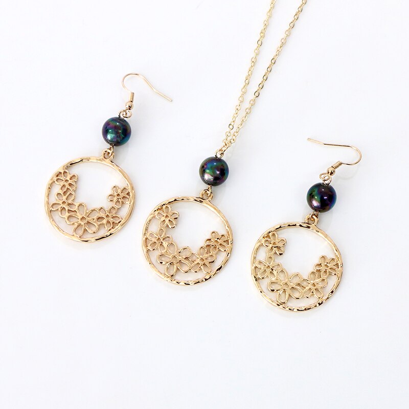 KOMi Polynesian Hawaiian Samoa Marshall Style Glass Bead Pearl Hollow Cross Heart Flower Charm Necklace Earrings Jewelry Set: GJZ383