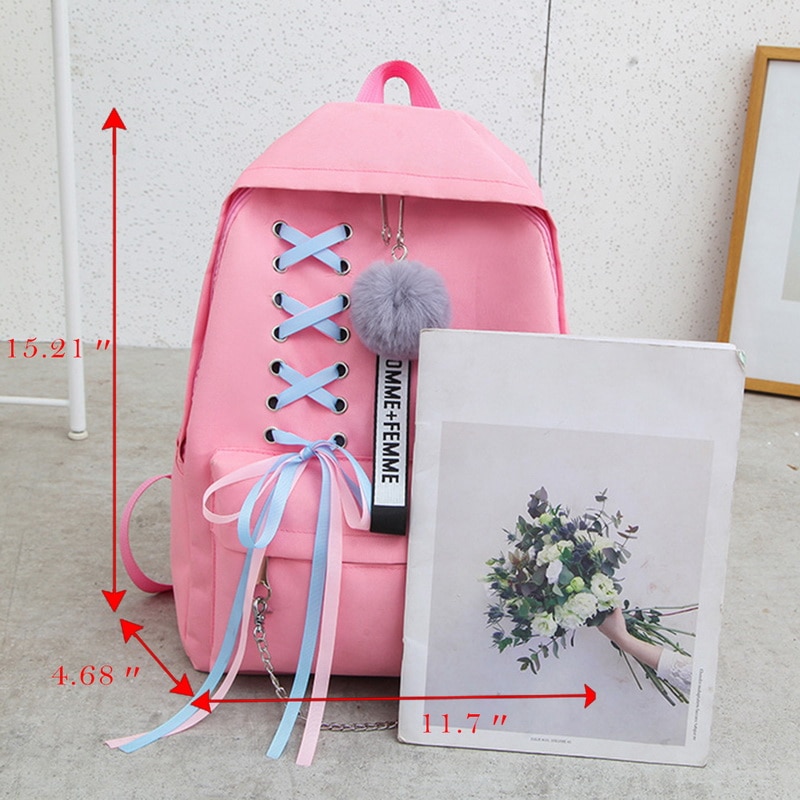 5 pçs/set mulheres mochila adolescente meninas corrente usb sacos de lona mochilas bolsa ombro feminino estudante sacos escola borla
