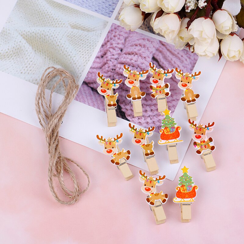 10Pcs/set Red Christmas Santa Claus Wood Clips Mini Wooden Clothes Photo Paper Peg Pin Clothespin Craft Clips With Rope: 3