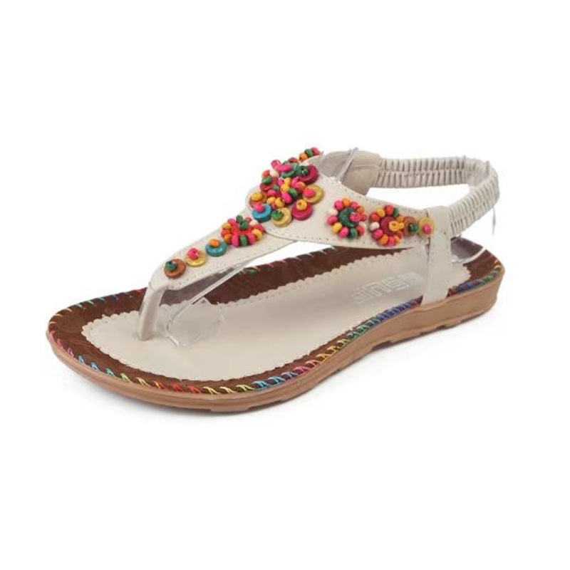 Sandalen Vrouwelijke Zomer Explosie Modellen Bohemian Zoete Agaat Handgemaakte Kralen Visgraat Pin Platte Leuke Strand Schoenen: Beige / 6