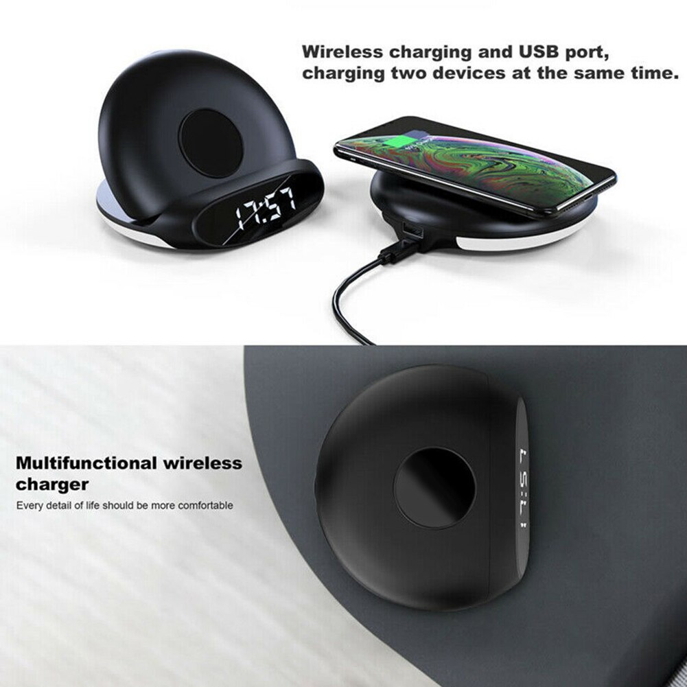 Portátil universal vertical digital led 10 w qi com despertador doca de carregamento rápido carregador sem fio suporte seguro base viagem
