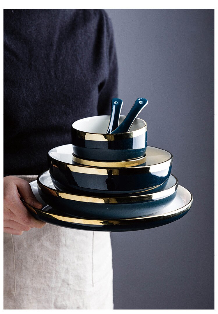 Plate Gold Inlay Round Dinner Plate Dish Tray Food Gold Edges Plate tableware Dinner dish