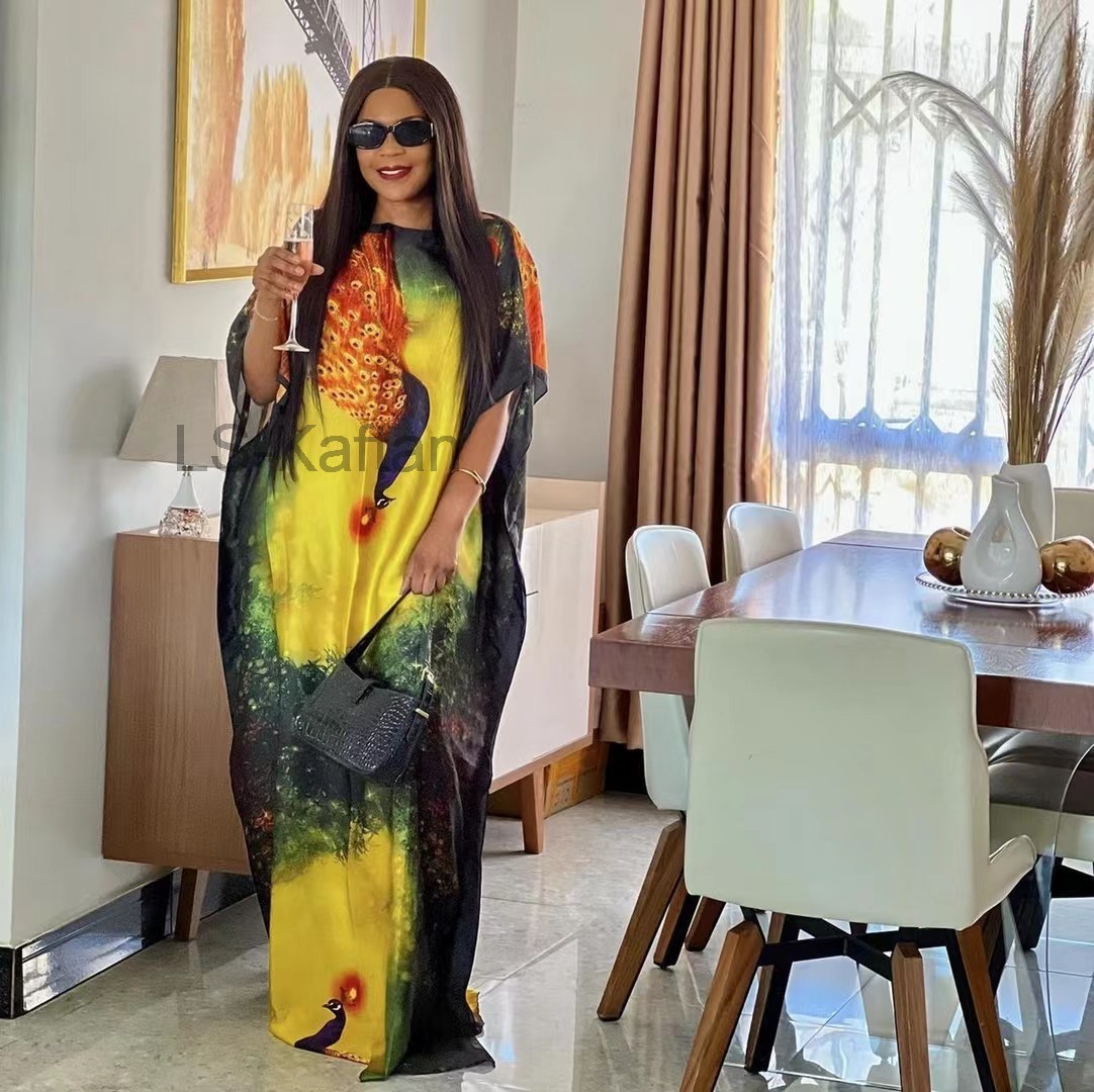 Silk African Popular Printed Muslim Kaftan HIjab Kaftan Maxi Dress Loose Summer Beach Bohemian Abaya Oversized: color 5