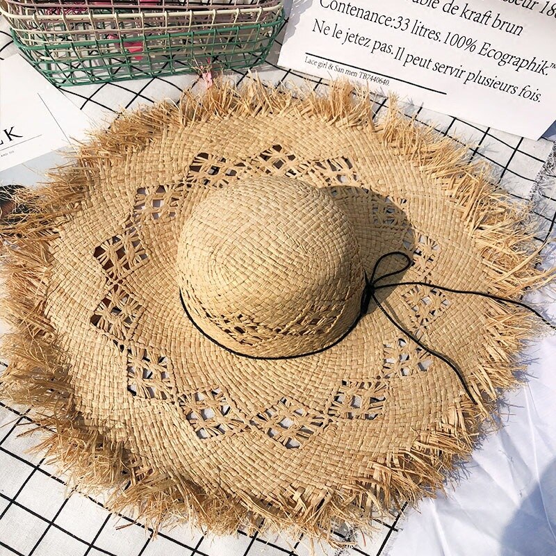 Naturlig stor bred rand rand raffia halm hattar vävd cirkel frans strand keps sommar ihålig stor halm hatt strand hatt strå hatt: Lafit