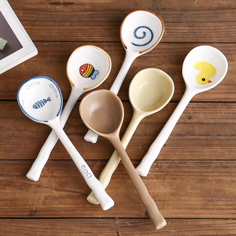 Japanese-style small soup spoon household hand-painted ceramic tableware spoon dessert spoon 1PC