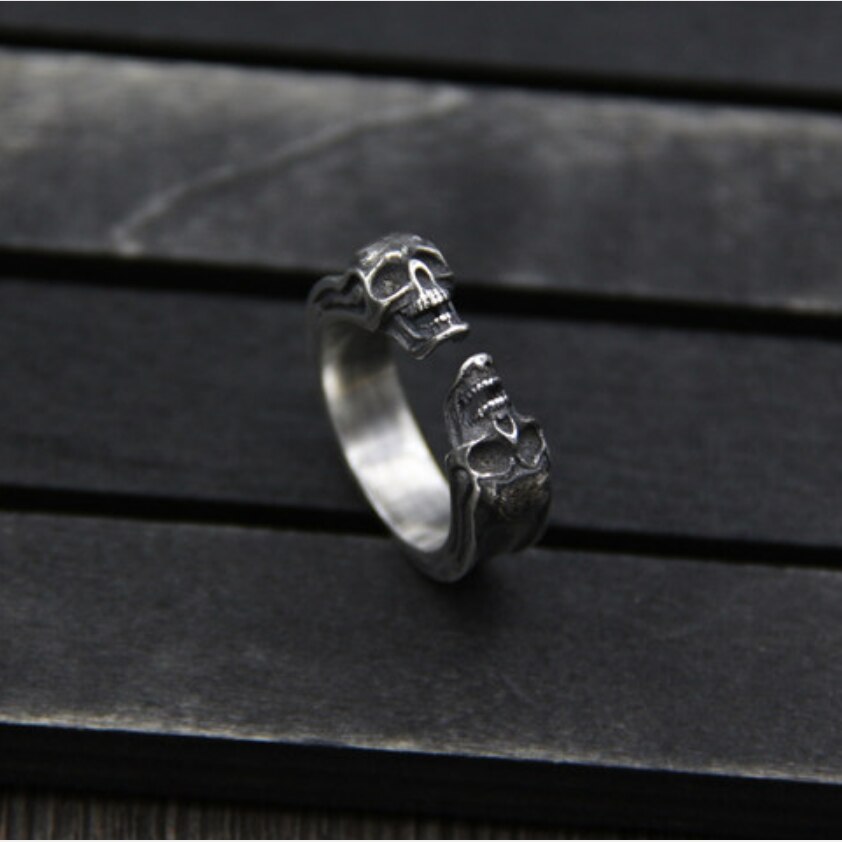 Puro argento del cranio di Modo Anello Aperto delle donne degli uomini Reale argento Doppio del cranio Anelli Maschio 925 anello d'argento Dei Monili del regalo
