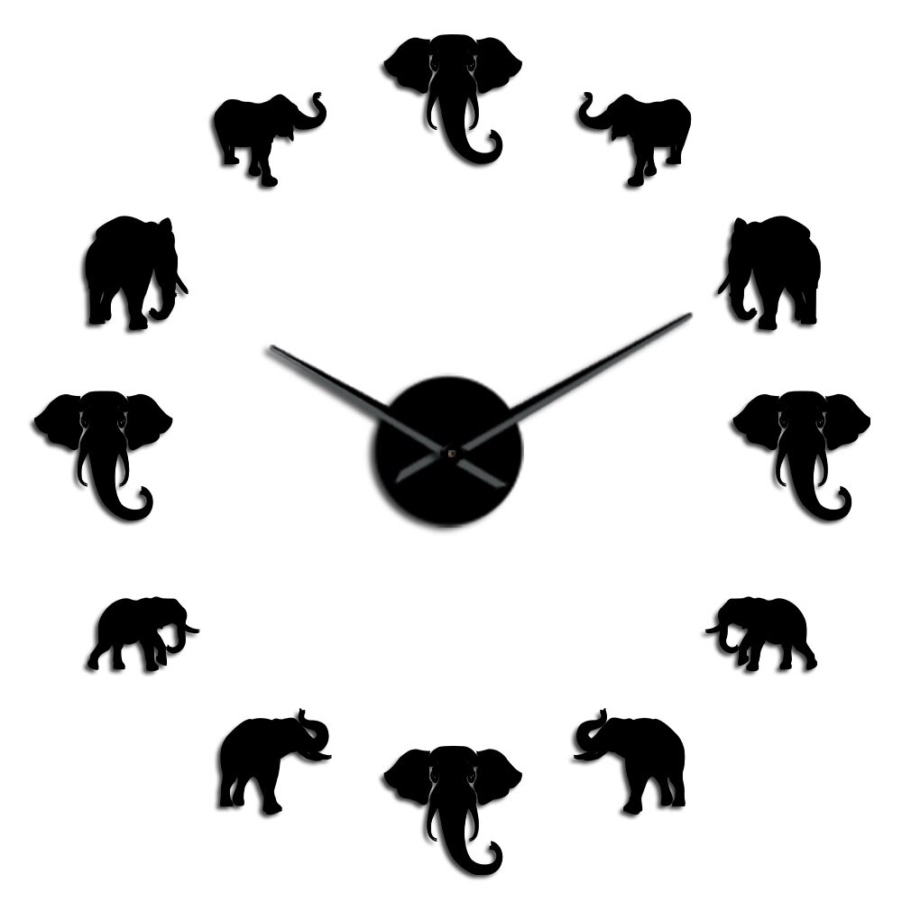 Horloge murale en forme d&#39;animaux de la Jungle et d&#39;éléphant, grand format, moderne, effet miroir, géante, sans cadre, décoration de maison, DIY bricolage: Black / 37inch