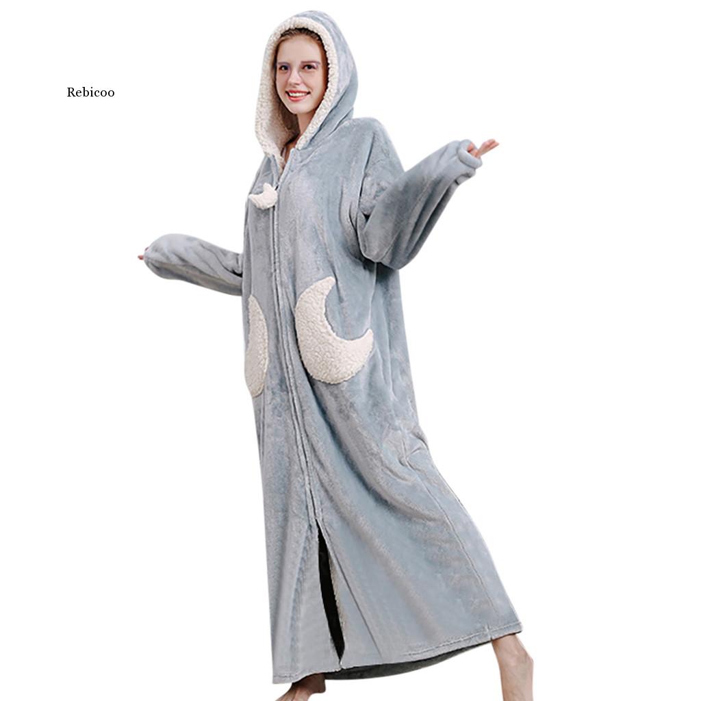 Peignoir en molleton pour femme, vêtement d'hiver, avec capuche épissée, fermeture éclair et poches