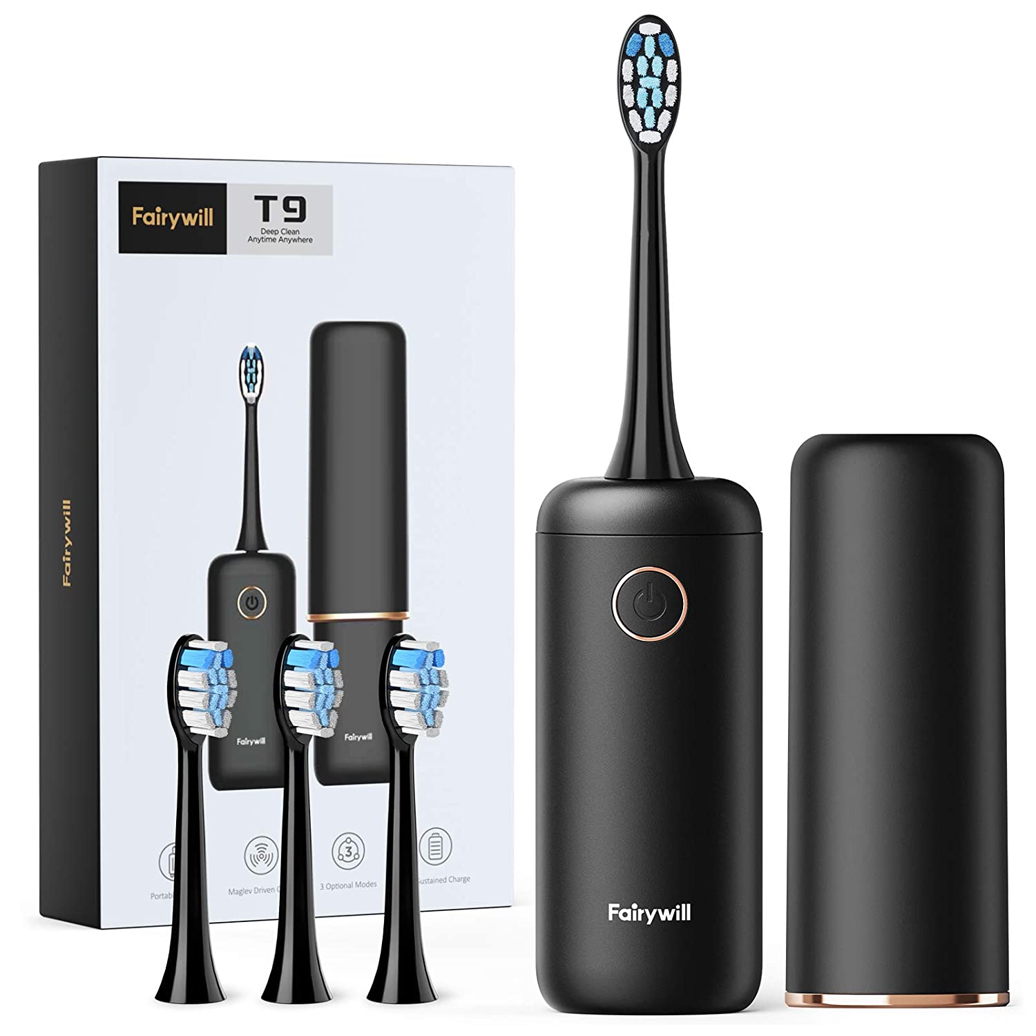 Fairywill-cepillo de dientes eléctrico sónico para adulto, recargable por USB, resistente al agua, 8 cabezales de repuesto: T9