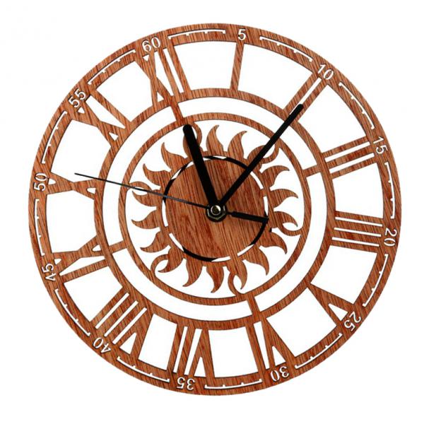 Vintage Wood Wall Clocks Round Shape Sun Pattern Roman Number Digital Clock