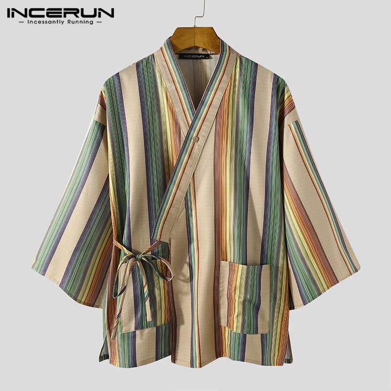 INCERUN Men Vintage Striped Pajama Sets 3/4 Sleeve Lace Up Tops Drawstring Shorts 2 Pieces Man Retro Kimono Homewear Suits S-5XL