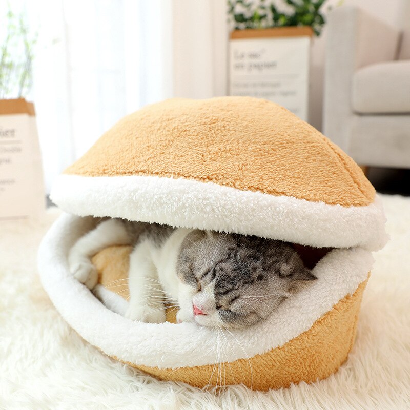 Lit Hamburger en coton pour chat, doux, coupe-vent, amovible, pour animal domestique, sac de couchage, grotte à câlin, petit chien