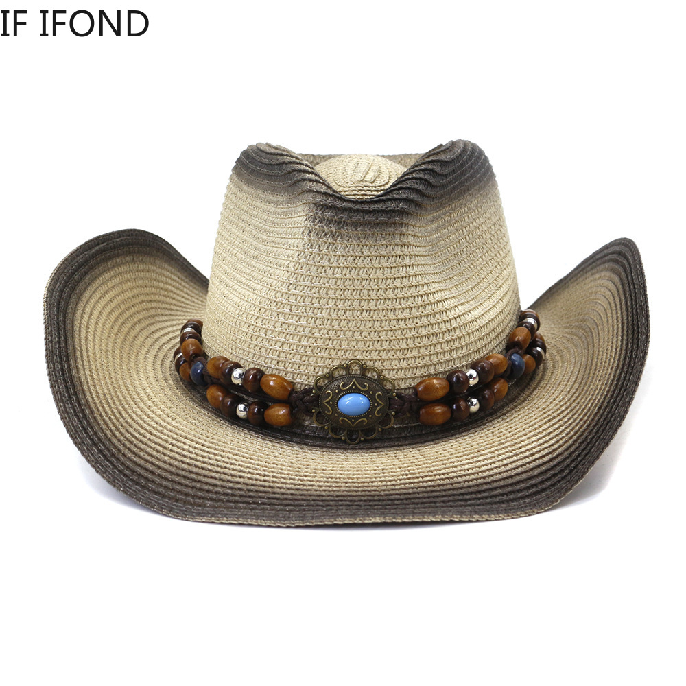 Handmade Straw Summer Western Cowboy Hat Women Men False Gem Decoration Panama Beach Cowgirl Hat 56-58CM