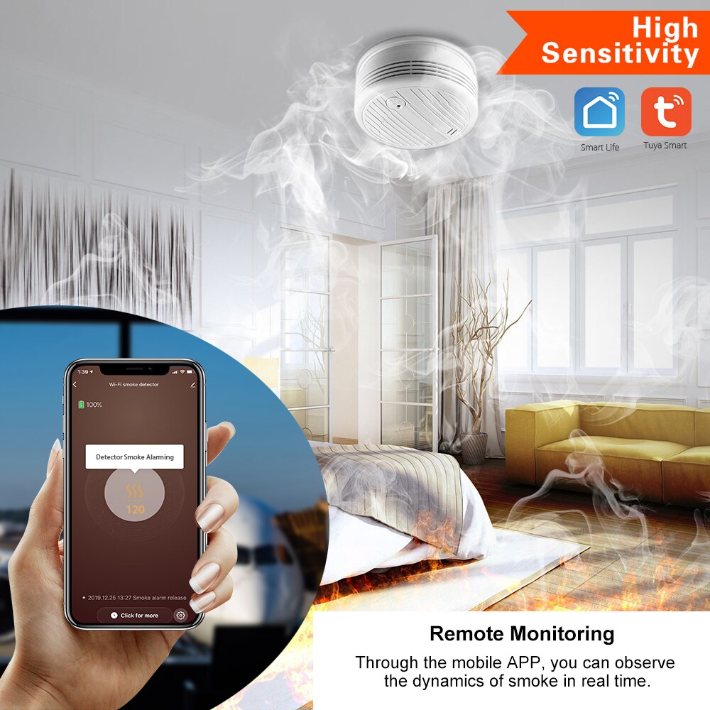 Wifi røgalarm smart brandalarmsensor trådløst sikkerhedssystem smart life tuya app til hjemmekøkken / butik / hotel / fabrik
