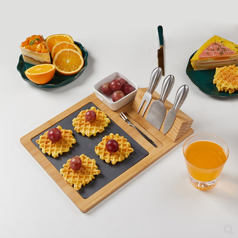 Slate Cheese Board Set with Silverware Forks Knives Premium Acacia Wood Serving Tray Cutting Tools Porcelain Ceramic Olive Dish