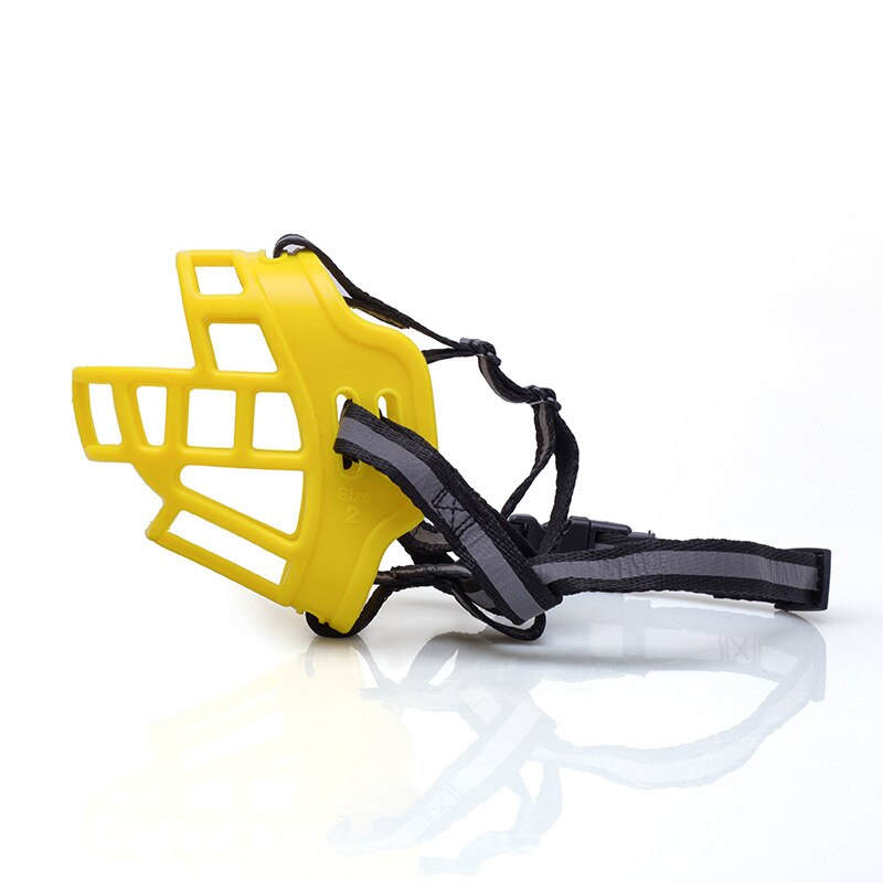 Dog Muzzle Soft Silicone Basket Prevent Barking Biting and Chewing Allow Drinking and Panting Adjustable Reflective Neck Strap: Yellow Reflective / S   21-23cm