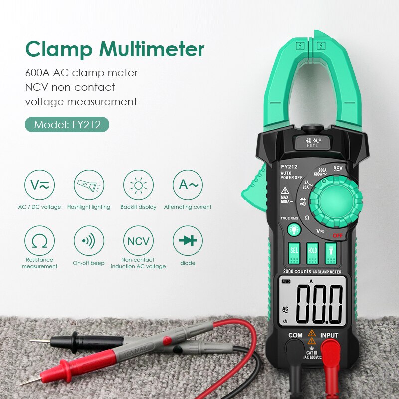 Mastfuyi FY212 / FY217 Digital Clamp Meter 600A AC Current AC/DC Voltage True RMS Auto Range VFD Capacitance NCV Tester Ammeter: FY212 Green