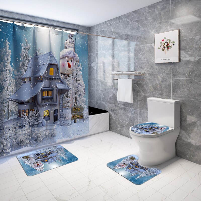Kerst Badmat En Douchegordijn Set Gedrukt Badkamer Mat Set Anti Slip Badkamer Voet Mat Absorberende Badkamer Tapijt: 4pcs-108