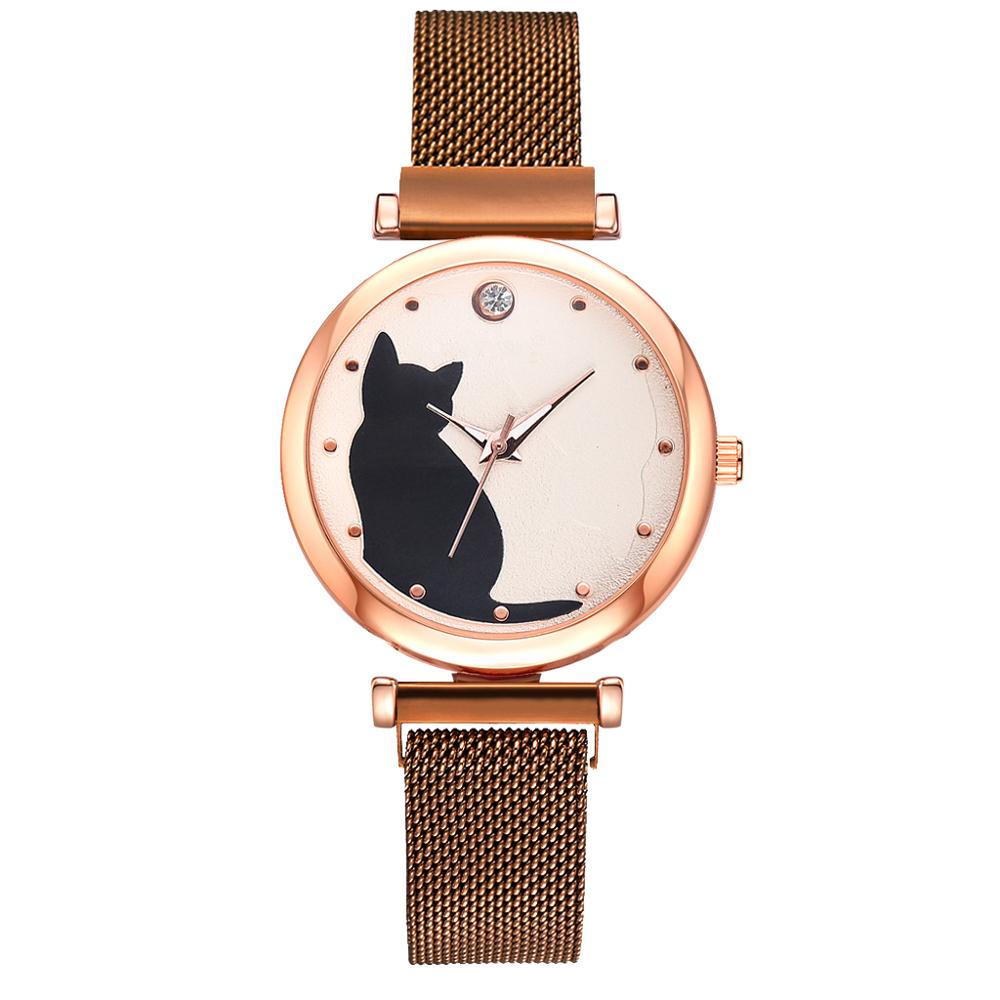 5 st/set dam klockor roséguld armband set kattmönster svart magnet klocka dam armband armbandsur lyx kvarts klocka: 1pc kaffeklocka