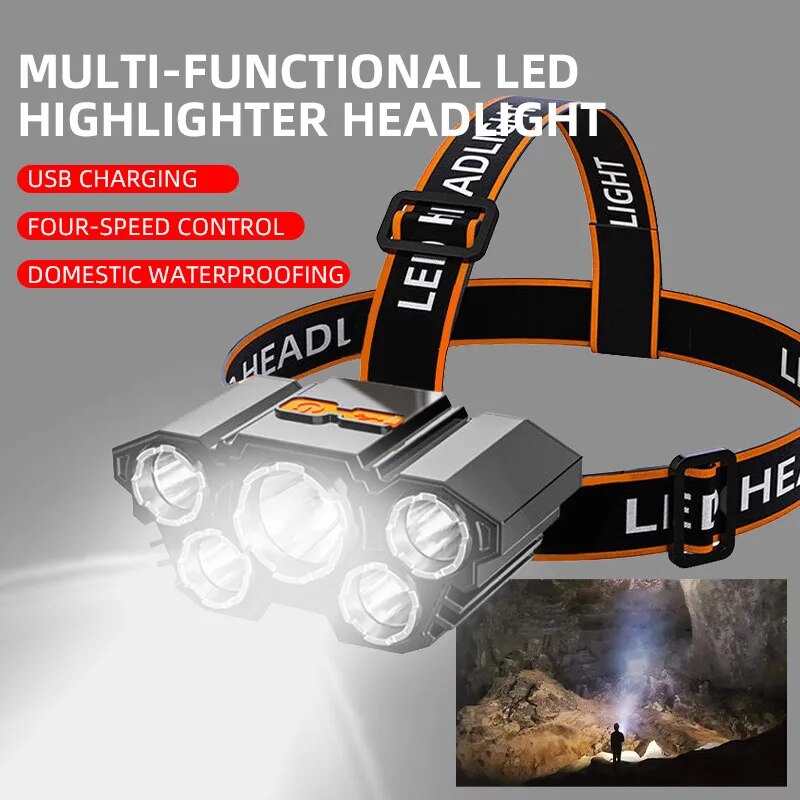 Led Sterk Licht Vijf Koppige Outdoor Waterdichte Vissen Licht Usb Oplaadbare Ultra Heldere Kop Gemonteerd Zaklamp