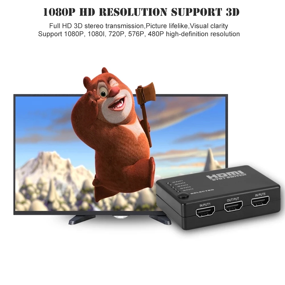 5 in 1 Out Video HDMI-compatible Switch Selector with CR2025 Battery Switcher Splitter Hub &amp; IR Remote 1080P for HDTV PS3 DV