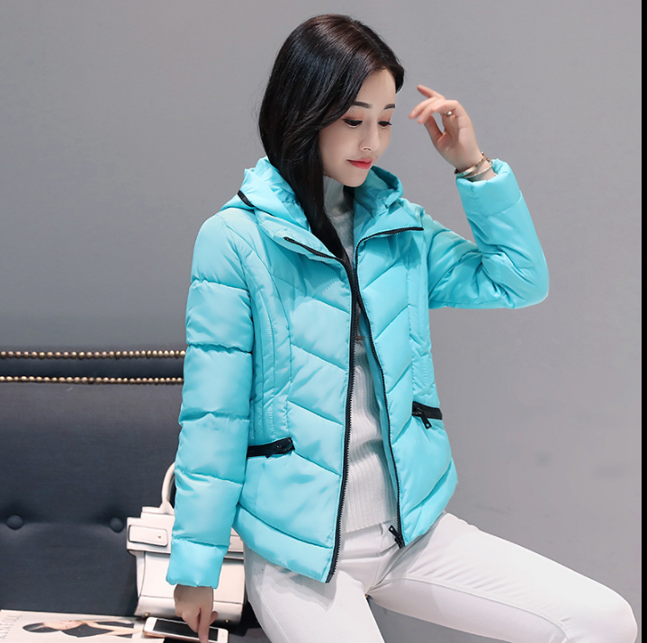 Short Winter Jacket Women Slim Female Coat Thicken Parka Cotton Hooded Fur Collar candy-colored Ladies Jacket: Sky blue / XL