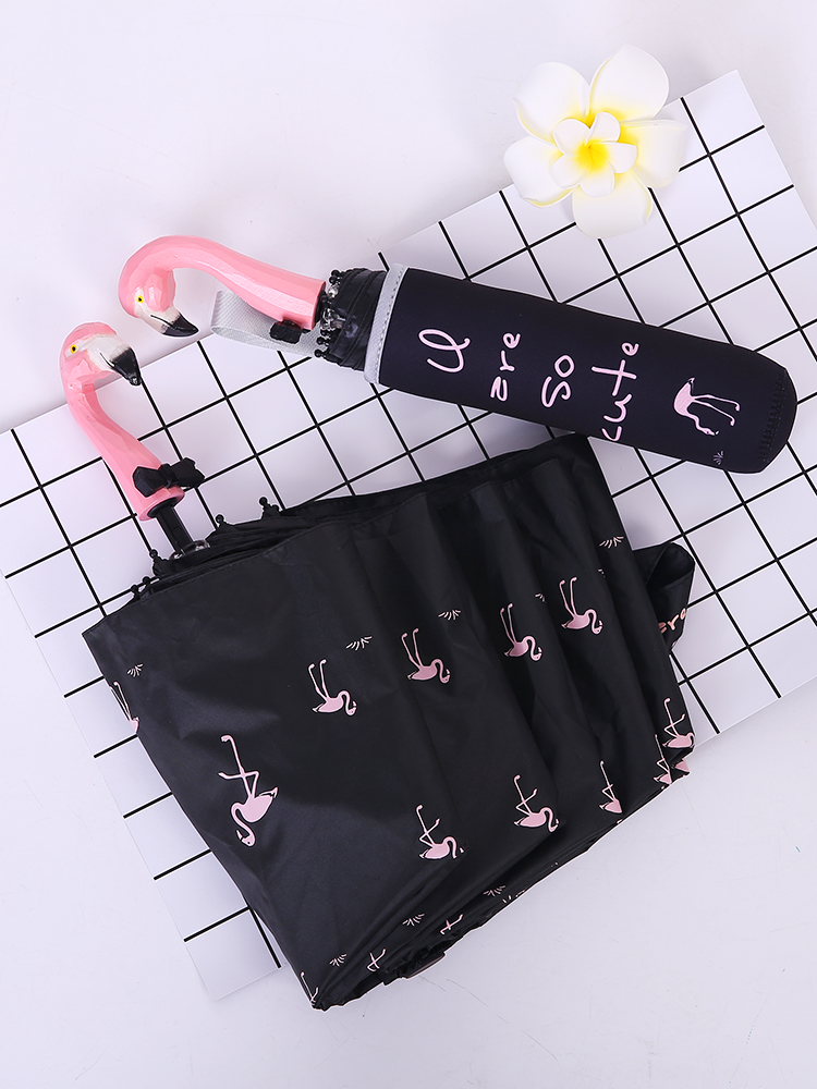 Creatieve Leuke Cartoon Paraplu Flamingo Dier Zon Regen Houtsnijwerk Handvat Paraplu Meisje Volwassen Zon Meisje Paraplu 3 Vouwen U5U