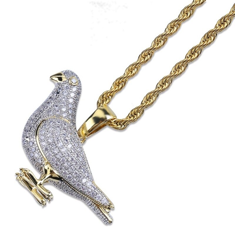 Neue Stil vereist aus Gold Farbe Überzogen Zwei Tonne Mikro Pflastern Zirkon Taube Anhänger Halskette Hüfte hüpfen Schmuck für Männer frauen