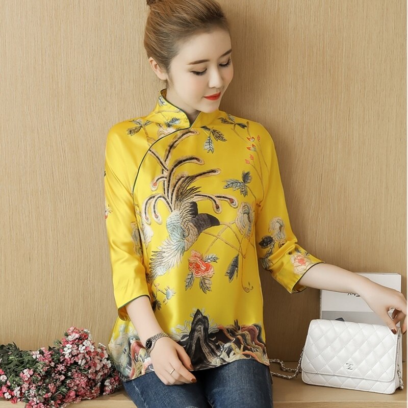 Chinese Cheongsam Tops For Women Retro Vintage Shirt Tea Loose Yellow Chinese Dress Spring Ladies Chinese Tops TA1598