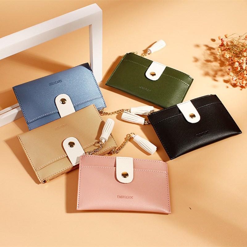 PURDORED 1 Pc Women Tassel Card Holder Wallet Small Credit Card Case PU Female Minimalist Zipper Mini Coin Purse Wallet