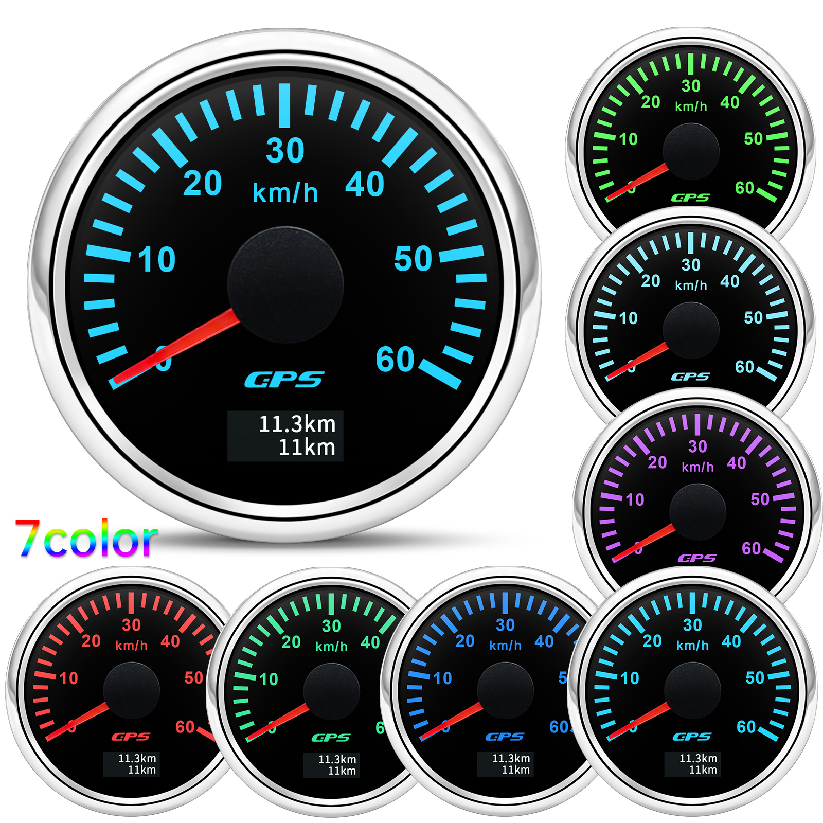 30 km/t 60 km/t 80 km/t 120 km 200 t gps-speedometer med antenne 7- farvet led-hastighedsmåler kilometertæller auto bil båd 12 v 24v brugerdefineret