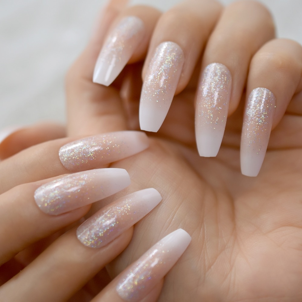 Holografisk faux ongles ombre nautal fransk nagel extra lång kista glitter abs gel fingernagel set 24 ct