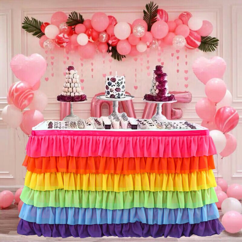 Multifarvet borddug dækning rektangel bord nederdel bordservice fødselsdag indretning
