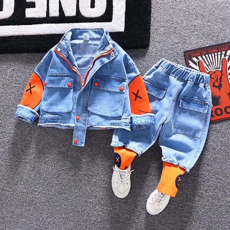 Bébé garçons costume 2-8 ans coton dessin animé souriant Cowboy Denim 2 pièces ensemble enfants vêtements enfant en bas âge fille vêtements enfant en bas âge tenue de noël: Bleu ciel / 5T