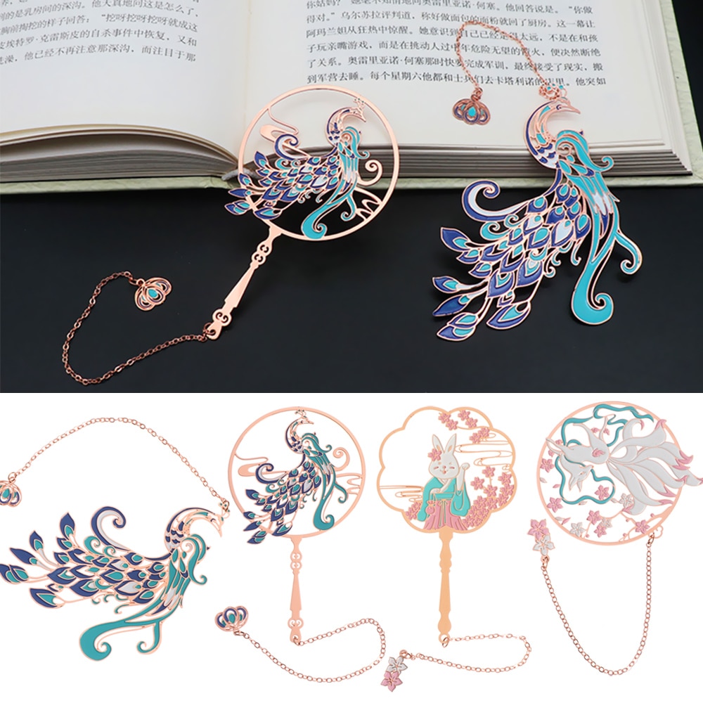 Chinese Style Retro Metal Bookmark Peacock Panda Pendant Hollow Bookmark Book Tassel Pagination Mark Stationery Supply