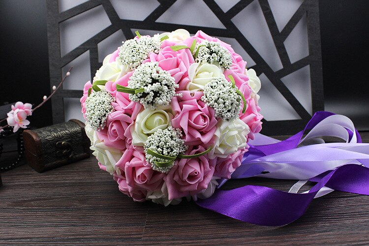 Ilovewedding brudebryllup buket buket bånd håndlavet 30 stk pe roser bryllup blomster brude buketter lilla: Mørk lyserød