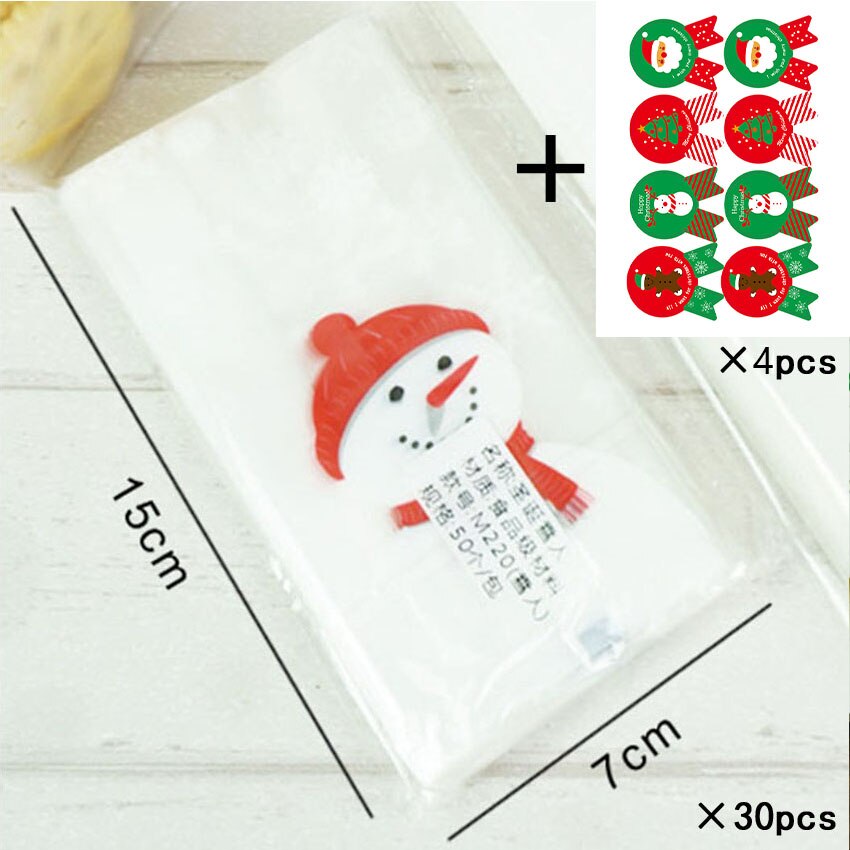 Marebell 30pcs Kerst Verpakking Zakken Voor Cookies Sticky Papier Cartoon Kerstman Partij kinderen Dag Biscuit Bakken Verpakking: Snowman and Sticker