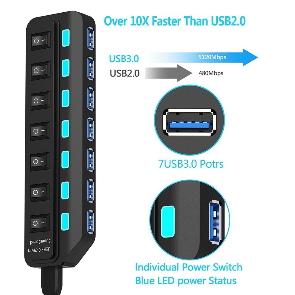 Usb 3.0 hub multi usb splitter 7 havn utvider flere usb 3 hab bruk strømadapter usb 3.0 hub med bryter til pc