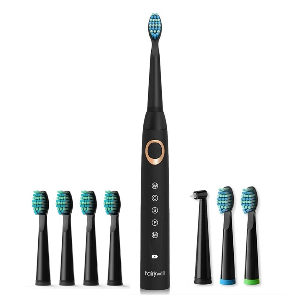 Fairywill – Brosses à dents électriques Sonic pour adultes et enfants,appareil de blanchiment rechargeable avec minuterie intelligente et 10 têtes de rechange, 5 modes de nettoyage,: 508Black5-FW02