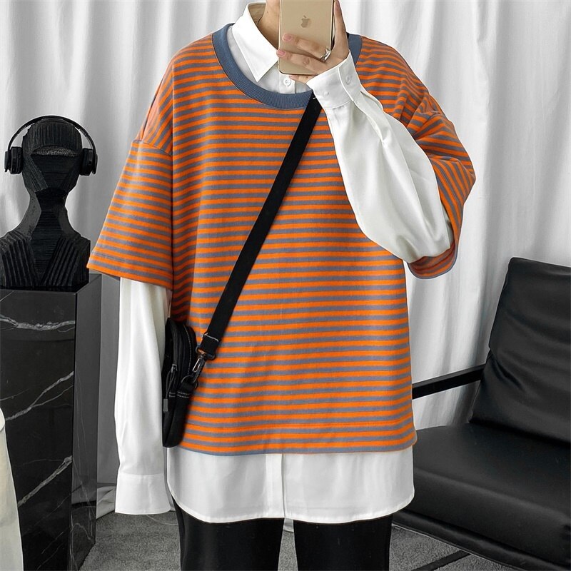 Hommes orthographe couleur rayure manteaux faux deux pièces Patchwork chemise hawaïenne manchette française hommes chemises Camisa Masculina